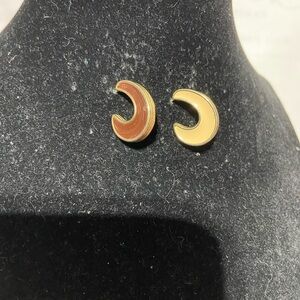 Gold Tone Crescent Moon Earrings, Double Side Enamel, Tan and Brown